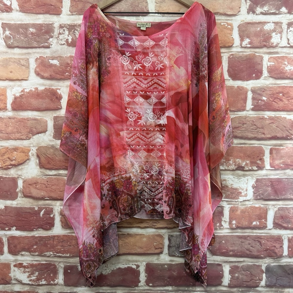 One World Poncho Kimono Top 1X Multicolor Boho Floral Embroidered Tank Shirt